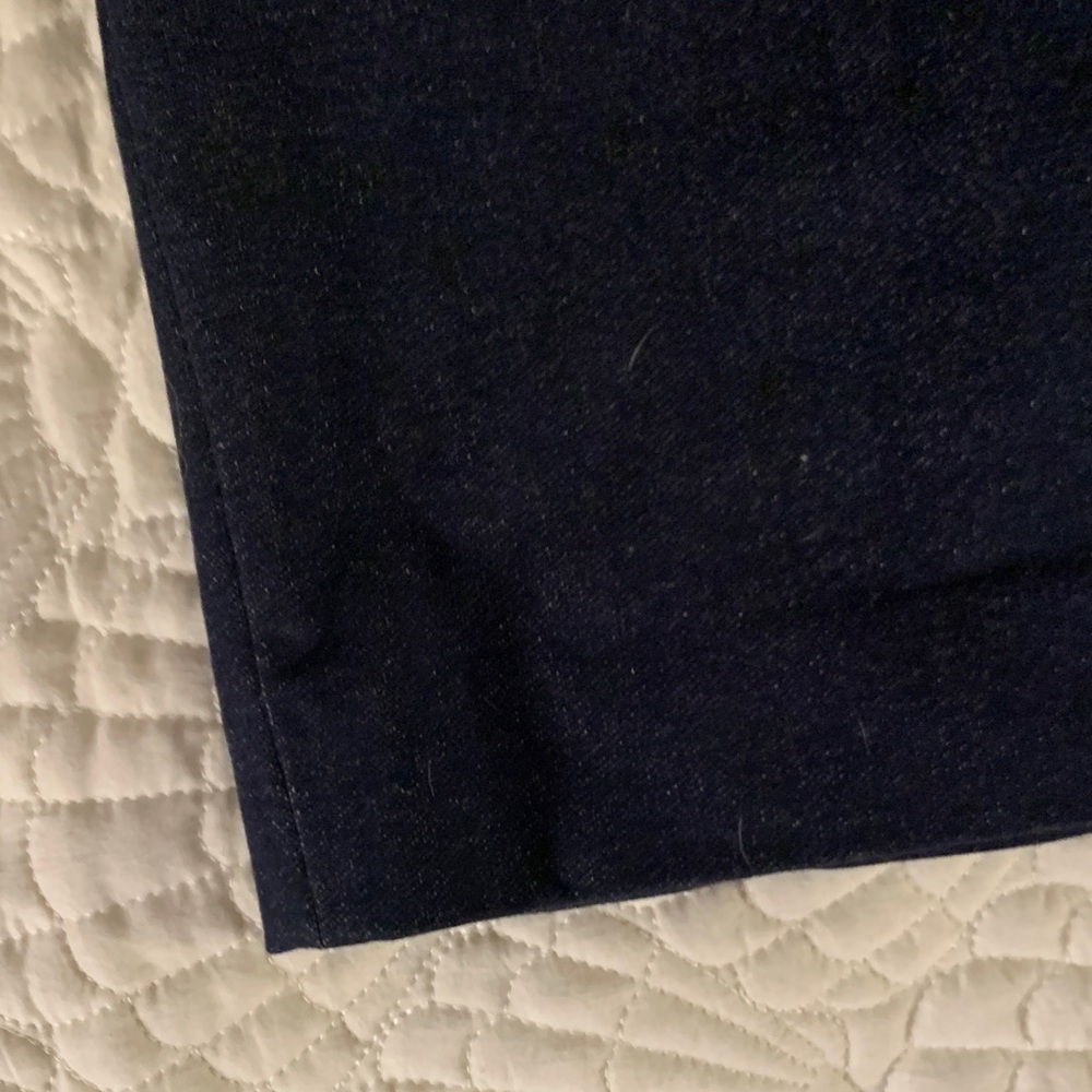 Tory Burch dark blue denim dress with gold button accents & brown leather trim. - Picture 7 of 14